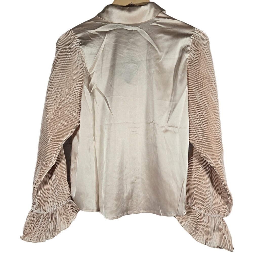 AREA STARS Womens Satin Pleated Sleeve Button Down Blouse Shirt Top Beige Medium - Picture 2 of 8